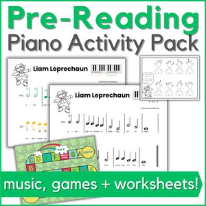 St. Patrick&#39;s Day Pre-Reading Piano Lessons Printable Beginner Sheet Music, Preschool Piano Worksheets & Games - Finger Numbers, Key Names