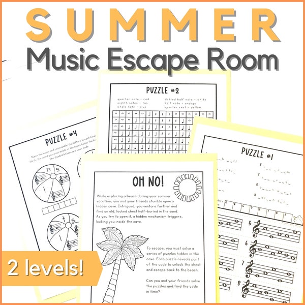 Summer Music Escape Room Game - Printable Activity for End of the Year Music Class, Homeschool, Music Camp, or Piano Lessons in May + June