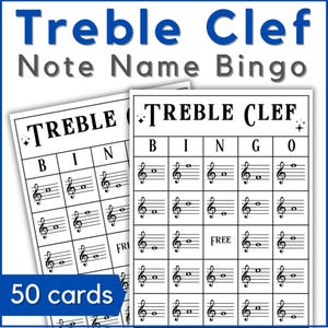 Puede incluir: Dos tarjetas blancas de Bingo con notas musicales y el texto "Treble Clef Note Name Bingo". Las tarjetas tienen un borde azul y el texto "50 tarjetas".