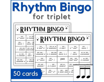 Bingogame met muziekritme voor triplet: afdrukbare muziekbingokaarten voor muziekles. Band- of pianolessen