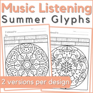 Luisterglyph-werkbladen zomerkleur op muziek, muziekwaarderingsactiviteiten aan het einde van het jaar voor studenten muziekles of pianolessen
