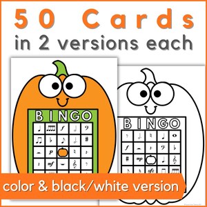 以下が含まれることがあります： カボチャ型のビンゴカード2枚。1枚はカラー、もう1枚は白黒。カードには音符の記号と上部に「BINGO」の文字。上部には「50枚のカード、各2バージョン」と書かれています。