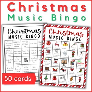 Weihnachtsmusik-Bingospielkarten - ein druckbares Feiertagsliedspiel in Farbe und Schwarzweiß mit einer verknüpften Wiedergabeliste