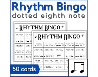 Music Rhythm Bingo Game for Dotted Eighth Sixteenth Note (tim-ka) - Printable Bingo Cards for Music Class. Band, or Piano Lessons