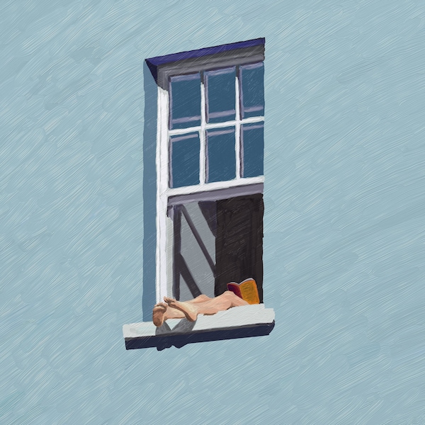 Feet of a woman reading a book with opened windows