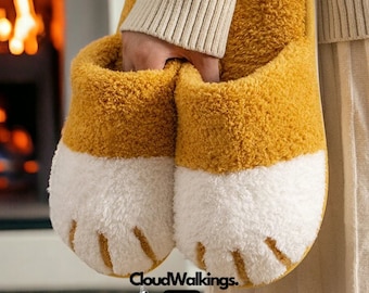 Warm Winter Plush Slippers - Cat Paw Design, Cozy Fur House Shoes