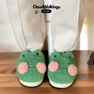 Frog Pattern Plush Slippers for Couples - Comfortable, Warm, Non-slip Cotton House Shoes