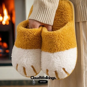 Warm Winter Plush Slippers Cat Paw Design, Cozy Fur House Shoes image 1