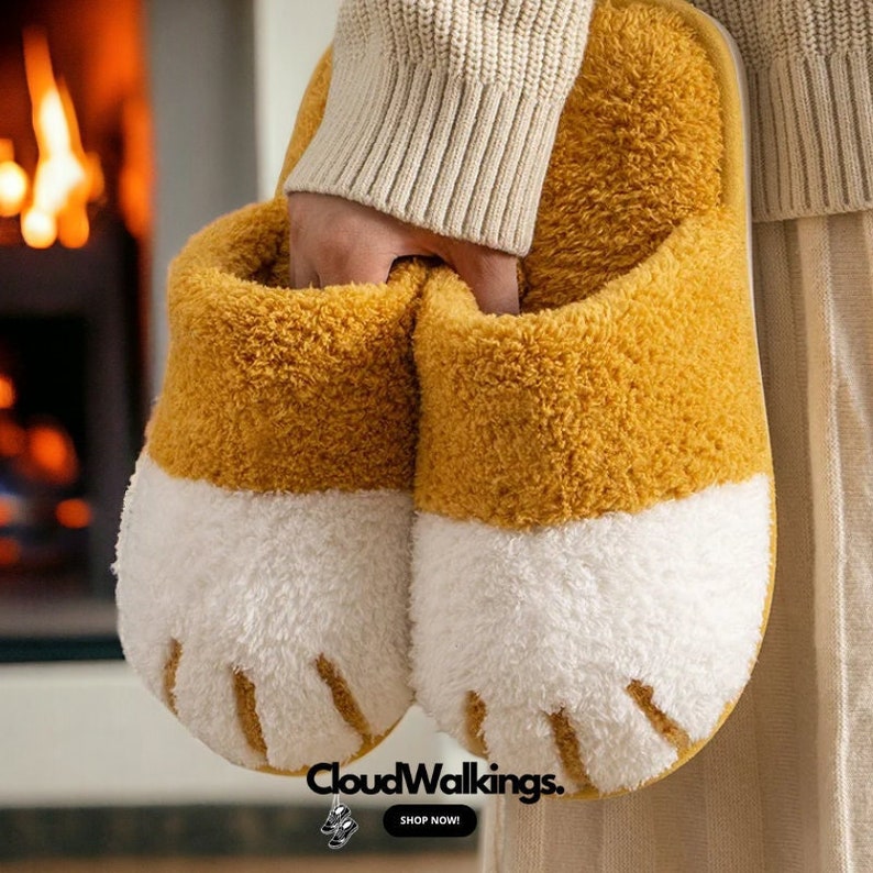 Warm Winter Plush Slippers Cat Paw Design, Cozy Fur House Shoes image 1