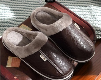 Large Size Leather Slippers for Men and Women - Waterproof, Warm, Furry Home Footwear, Cozy Plush Slip-Ons