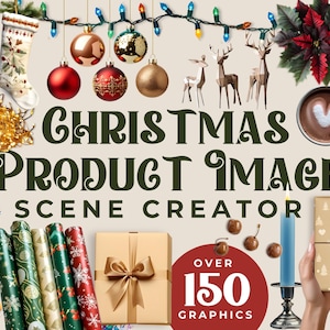 Christmas Digital Product Scene Creator Bundle, Top View & Side View Elements, Holiday Mockups, Isolated Digital Holiday Canva Flat Lay PNG