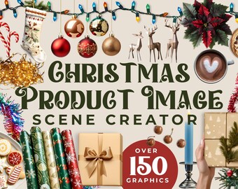 Christmas Digital Product Scene Creator Bundle, Top View & Side View Elements, Holiday Mockups, Isolated Digital Holiday Canva Flat Lay PNG