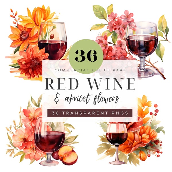 36 Red Wine and Apricot, Orange, Pink, Maroon Flowers Watercolor Clip Art PNG Images | Mothers Day | Bridal Shower | Invitations | Menus