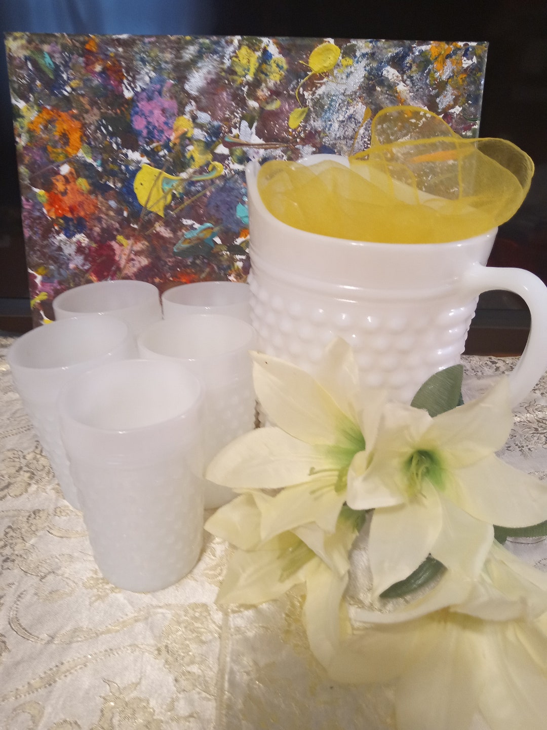 Vintage Hobnail White Milk Glass Lemonade Set Etsy