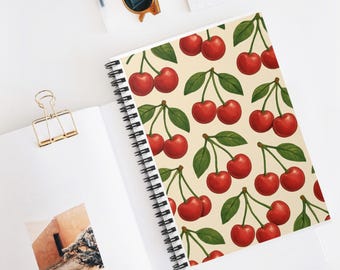 Cuaderno de espiral con estampado de cerezas - Diario rayado para estudiantes