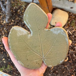 May include: A ceramic leaf-shaped dish in shades of green and tan. The dish features detailed veining and a glossy finish. The leaf design is a decorative accent for the home.