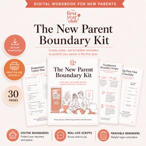 Könnte beinhalten: Ein digitales Arbeitsbuch mit dem Titel The New Parent Boundary Kit, das 30 Seiten mit Skripten, Plänen und druckbaren Erinnerungen enthält. Das Cover zeigt eine Illustration von zwei Eltern mit Baby und Pläne für Wochenbettbesuche.
