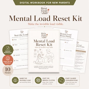 以下が含まれることがあります： 新米親向けの10ページのデジタルワークブック「Mental Load Reset Kit」。タスクの整理、ブレインダンプ、コミュニケーションスクリプトのページが含まれています。表紙には2人のイラストと「Make the invisible load visible」というテキストが記載されています。即時ダウンロードおよび印刷用です。
