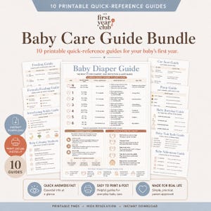 Puede incluir: Un paquete de 10 guías de referencia rápida imprimibles para el cuidado del bebé, que incluyen guías sobre pañales, alimentación, introducción de sólidos, métodos de calma, asientos de coche, heces, eructos, baño y hitos del desarrollo.