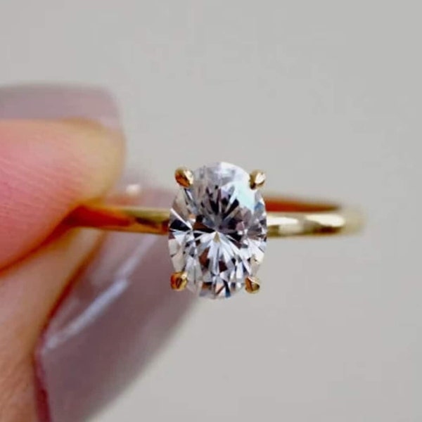 1.5 CT Oval Cut Moissanite Wedding Ring, Oval Solitaire Engagement Ring, Anniversary Ring, 18K Yellow Gold Ring, Promise Ring, Gift for Her.