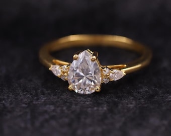 18k Gold Pear Cut Lab Grown Diamond Engagement Ring, Seven Stone Bridal Ring