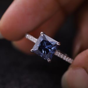 Minimalist Engagement Ring, Blue Sapphire Ring, Princess Cut Bridal Ring, 14K White Gold Wedding Ring, Half Eternity Moissanite Diamond Ring