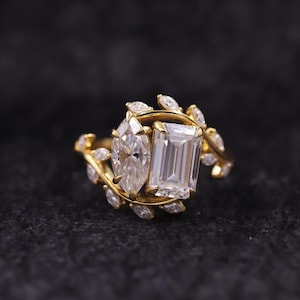 Toi Et Moi Lab Grown Diamond Ring, Emerald & Marquise Cut Engagement Ring, Two Stone Wedding Ring for Women, Unique Anniversary Gift for Her
