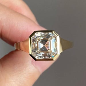 Asscher 14K Yellow Gold Ring,Asscher Cut Bezel Set Ring,Asscher Cut Moissanite Engagement Ring,Asscher Cut Solitaire Wedding Ring for Her