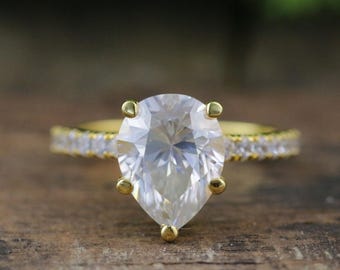 Pear Cut CZ Engagement Ring Set, Yellow Gold over Sterling Silver