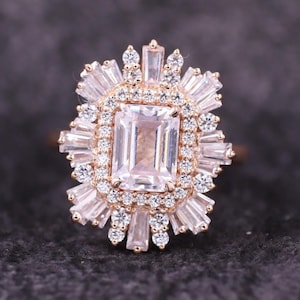 Art Deco Lab Grown Emerald Engagement Ring with Halo Round & Baguette Diamond, Unique 14K Gold Wedding Ring, Custom Gemstone Ring for women