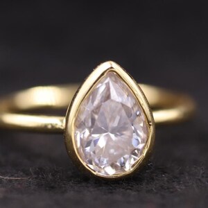 Pear Cut Diamond Engagement Ring Bezel Set Lab Grown Diamond Ring 14k Yellow Gold Solitaire Lab Diamond Ring Cathedral Setting Ring for Wife