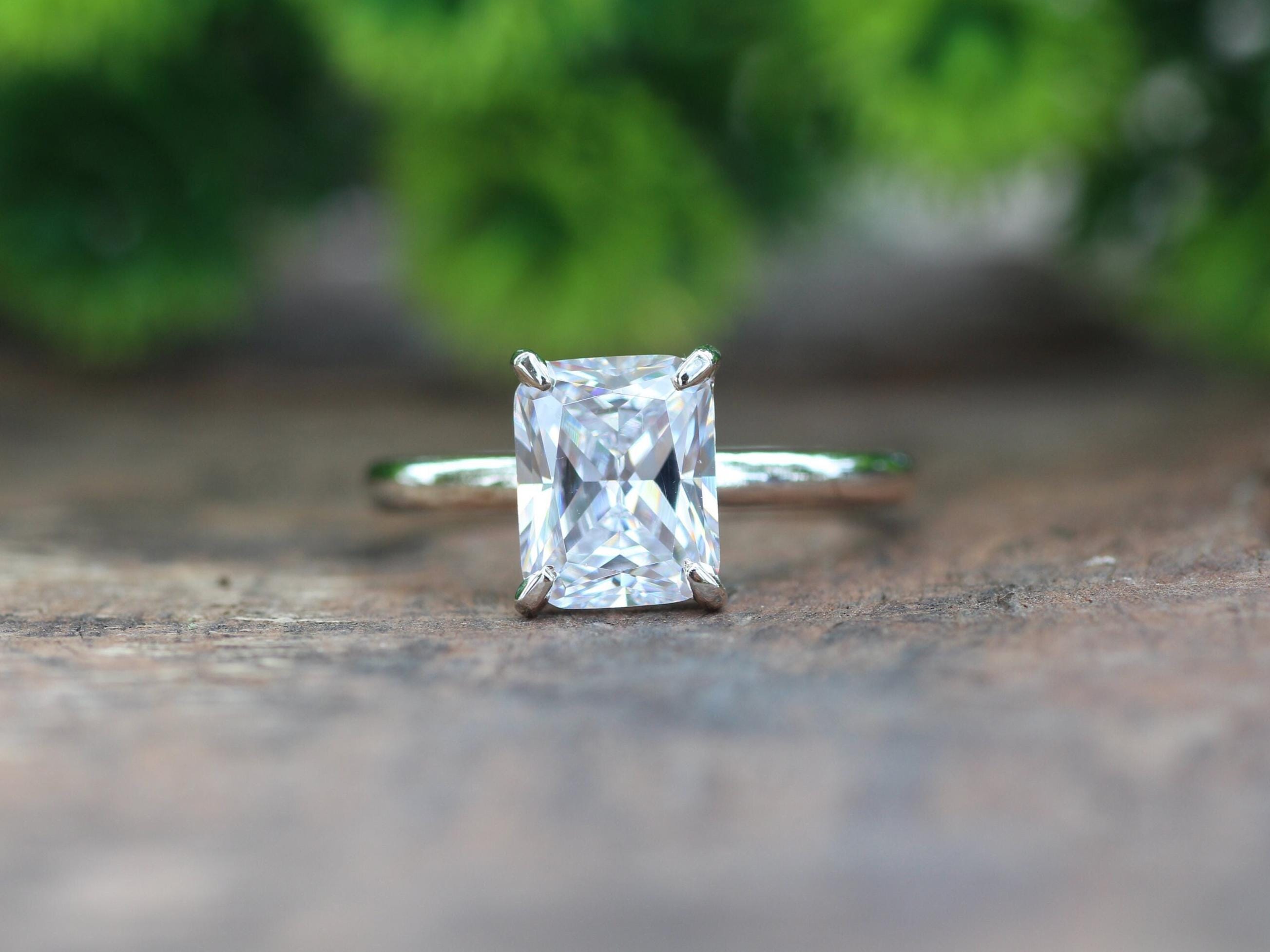 Elongated Radiant Cut Moissanite Solitaire Ring, Hidden Halo Engagement Ring, Unique Wedding Ring, Dainty Proposal Gifts, Ring for Her