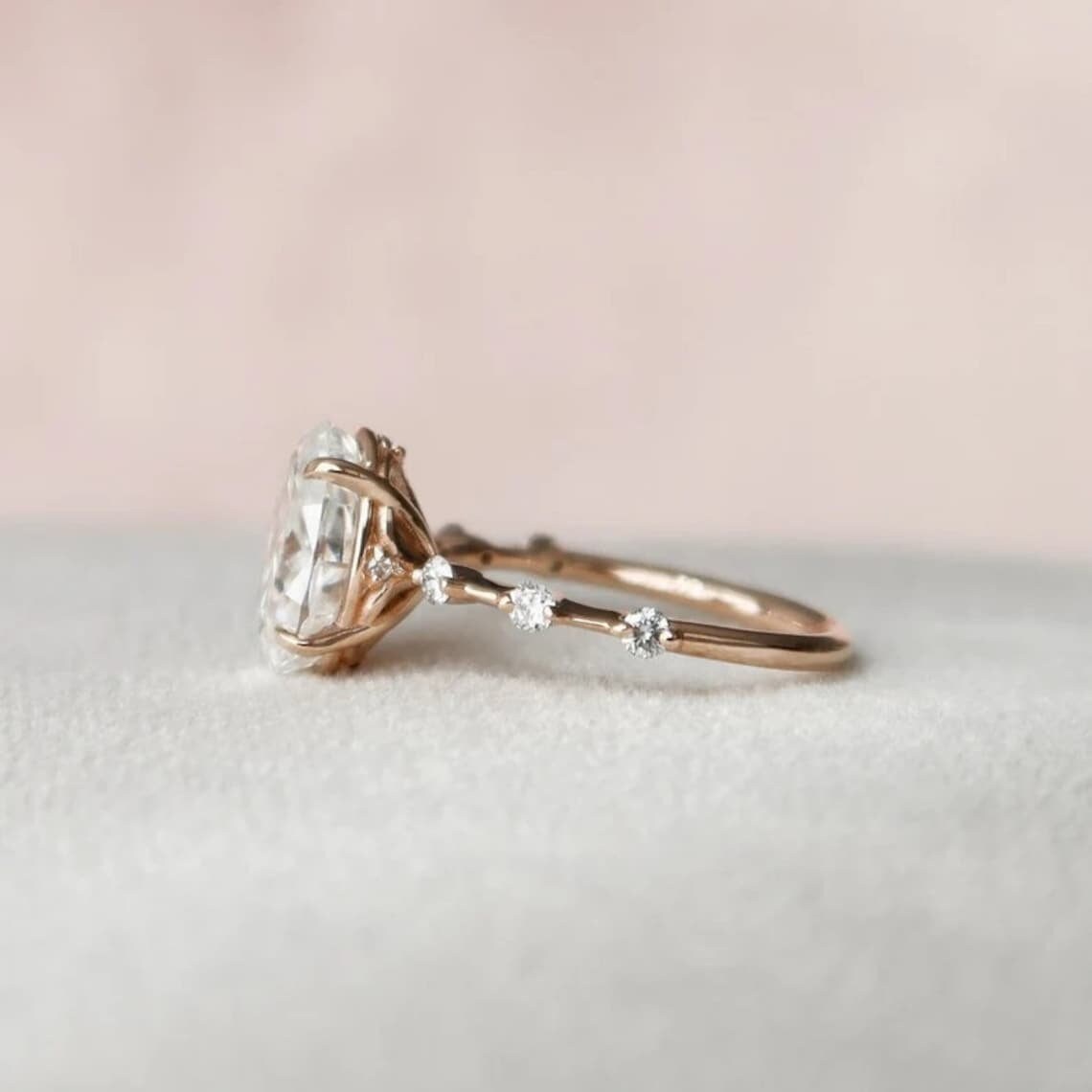 Vintage Distance Pave Set Wedding Ring Band, Oval Cut Moissanite ...