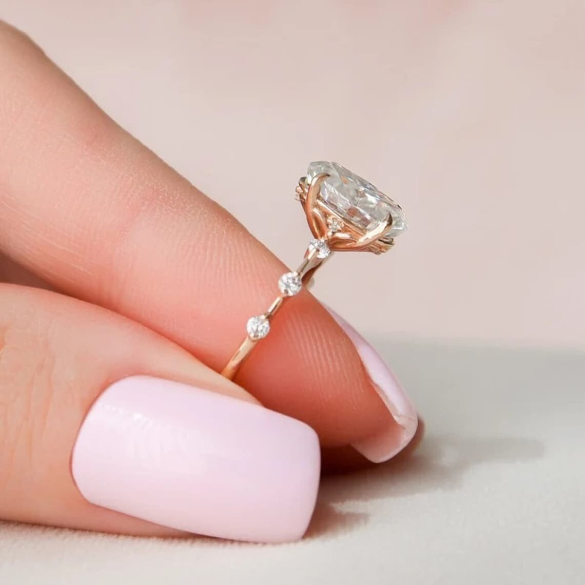 Vintage Distance Pave Set Wedding Ring Band, Oval Cut Moissanite ...