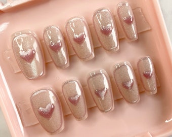 Pink-Purple Glitter Press On Nails with 3D Hearts, Heart Press On Nails for Wedding Day, Short Coffin Cute Nails with Hearts, Size Small