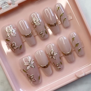 Pink and Gold Flower Press-On Nails, Summer Nails with Flower Design, Medium Almond Press-On Summer Nails for Her, Pink Coquette Press Ons