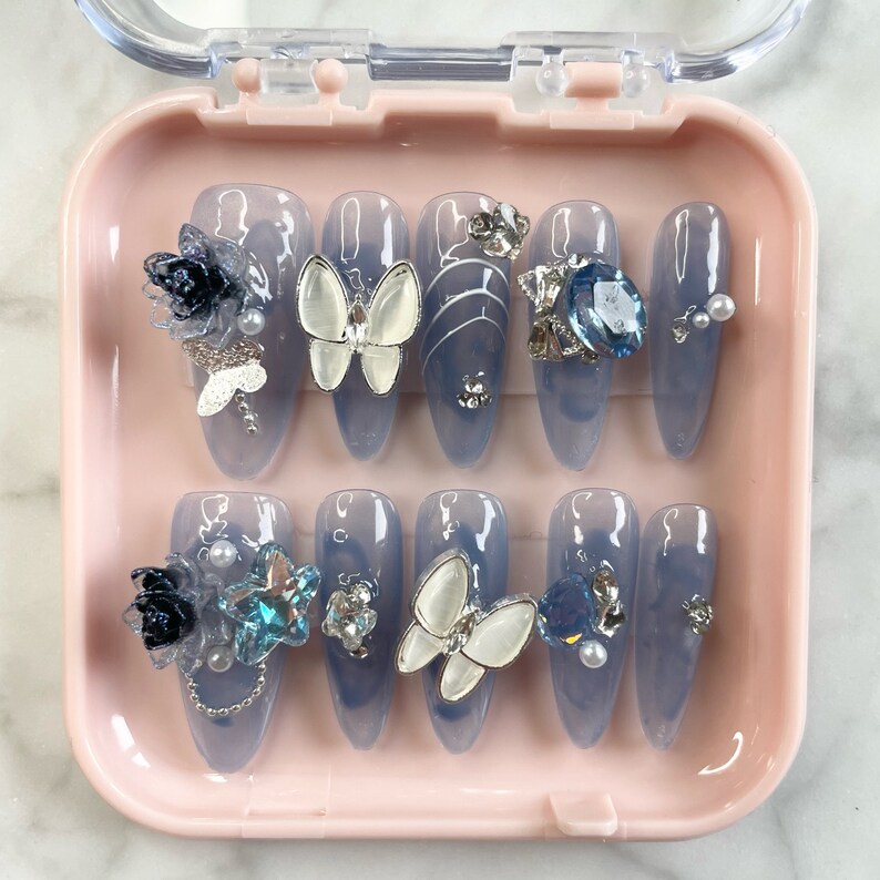 Blue Painted Press on Nails With 3D Butterfly and Flower Charms