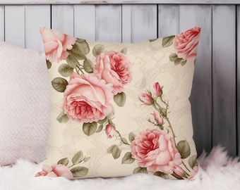 Floral Throw Pillow Soft Cushion Cover 'Flower Dreams III' Florals Shabby Chic Square Decorative Accent Pillowcase Gift, Pink, Beige