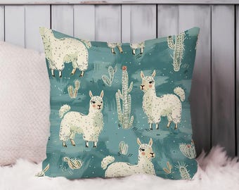 Llama Throw Pillow Soft Cushion Cover 'Llama Pattern IV' Animals Llama Modern Square Decorative Accent Pillowcase Gift, Blue, White