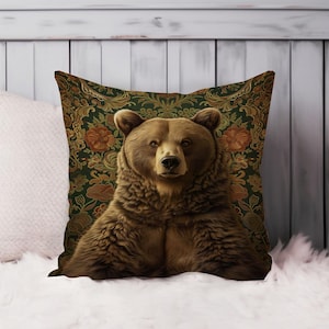 Bear William Morris Throw Pillow Soft Cushion Cover Bears Cottage Square Decorative Accent Pillowcase Gift Brown Green