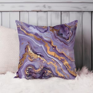 Abstract Purple Throw Pillow Soft Cushion Cover &#39;Golden Purple Marble&#39; Geode Modern Square Decorative Accent Pillowcase Gift, Purple, Gold