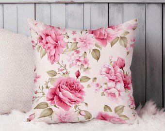 Pink Floral Throw Pillow Soft Cushion Cover Pink Flowers Square Decorative Accent Pillowcase Gift, Pink, Green