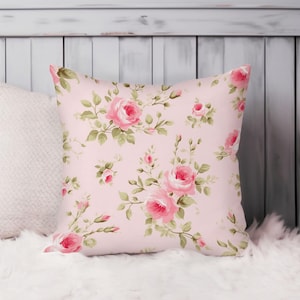 Shabby Chic Floral Throw Pillow Soft Cushion Cover &#39;Cottagecore Rose Flowers XVI&#39; Flowers Square Decorative Pillowcase Gift, Pink, Green