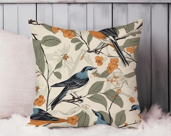 Bird and Leaves Throw Pillow Soft Cushion Cover Botanical Square Decorative Accent Pillowcase Gift, Beige, Green