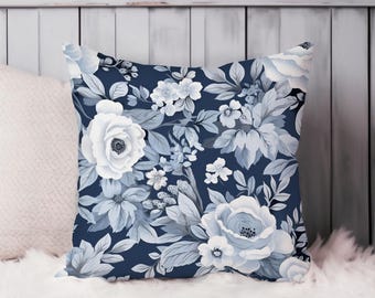 Floral Throw Pillow Soft Cushion Cover 'Luxe Floral Elegance I' Florals Cottage Square Decorative Accent Pillowcase Gift, Blue, White