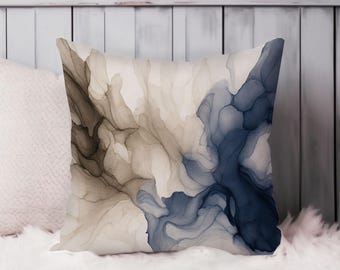 Abstract Throw Pillow Soft Cushion Cover Taupe Beige, Slate Blue & Ivory Cream Marble Geode Modern Square Decorative Accent Pillowcase Gift