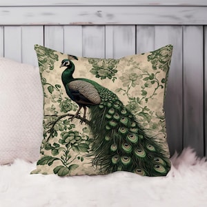 Peacock Bird William Morris Throw Pillow Soft Cushion Cover Animals Cottage Square Decorative Accent Pillowcase Gift Green Beige