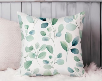 Eucalyptus Leaves Botanical Throw Pillow Soft Cushion Cover Leaf Cottage Square Decorative Accent Pillowcase Gift White Green