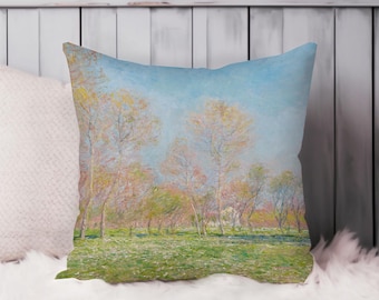 Claude Monet Throw Pillow Soft Cushion Cover 'Spring in Giverny' Forest Meadow Classic Square Decorative Accent Pillowcase Gift, Blue, Green