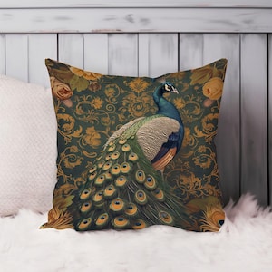 Peacock William Morris Throw Pillow Soft Cushion Cover Animals Pattern Cottage Square Decorative Accent Pillowcase Gift Green Orange
